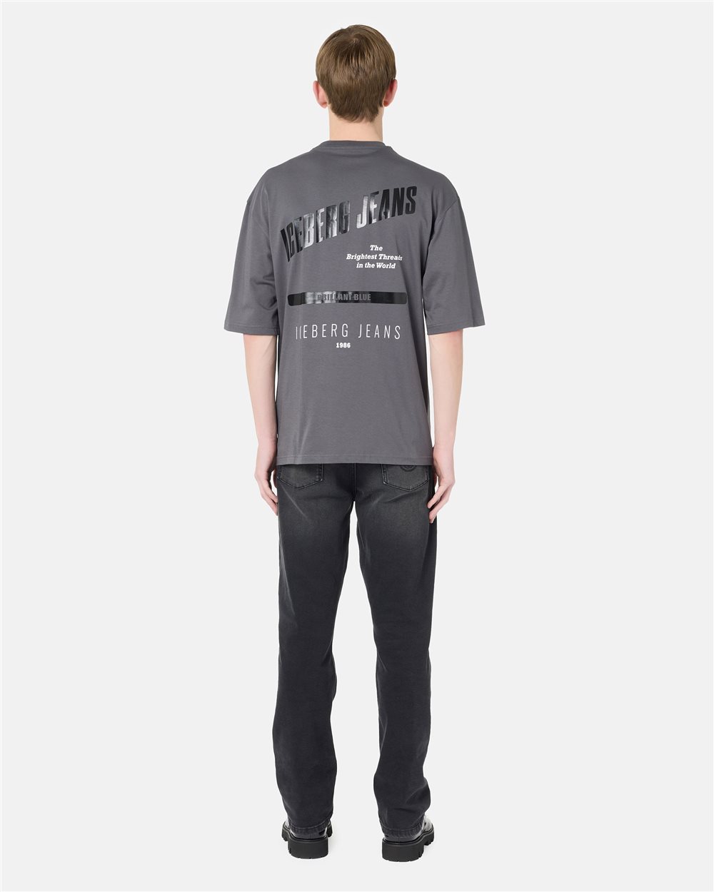 Relaxed Fit T-shirt in lead grey cotton jersey with Brilliant Blue print - Iceberg - Official Website