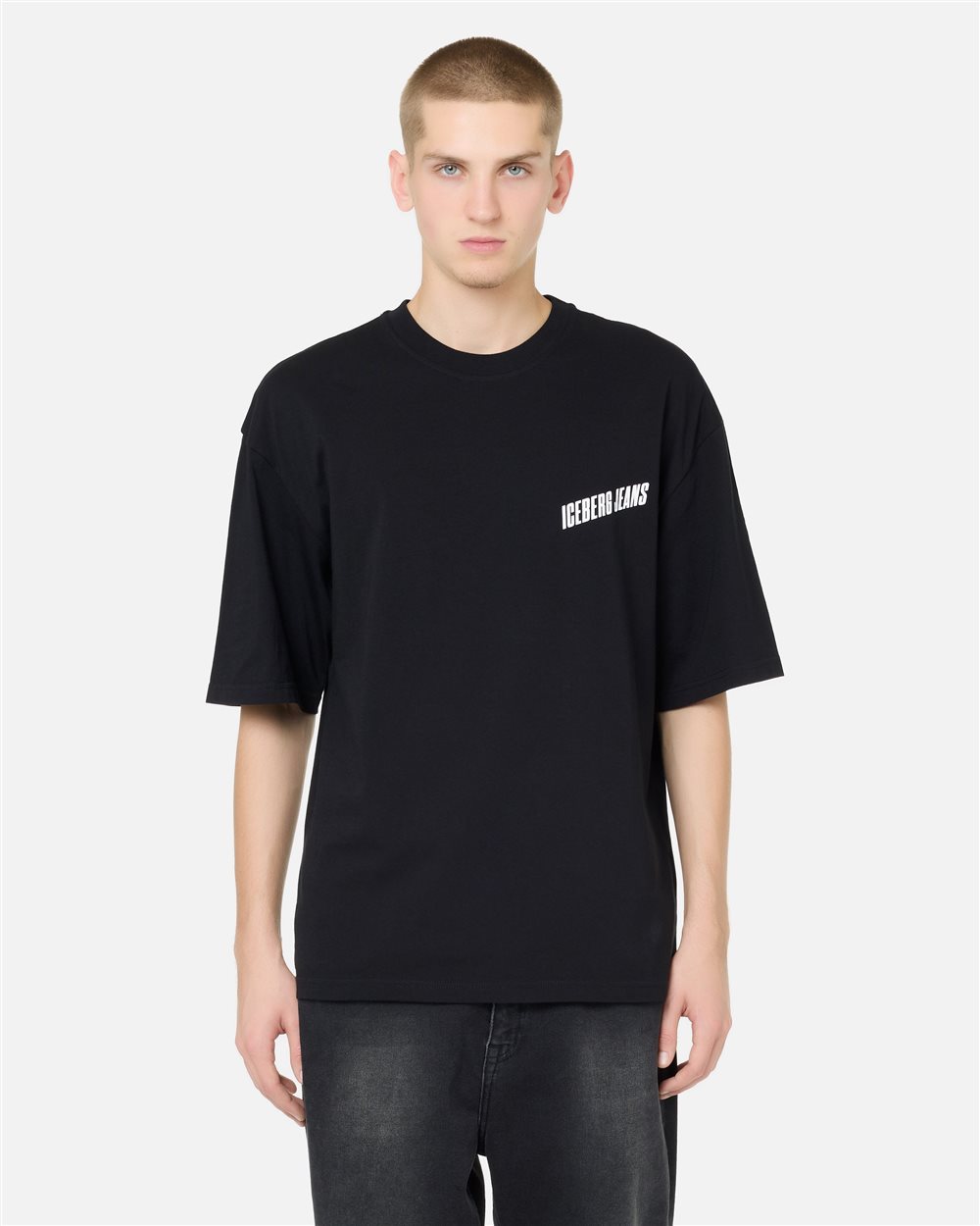 Relaxed Fit T-shirt in black cotton jersey with Brilliant Blue print - Iceberg - Official Website