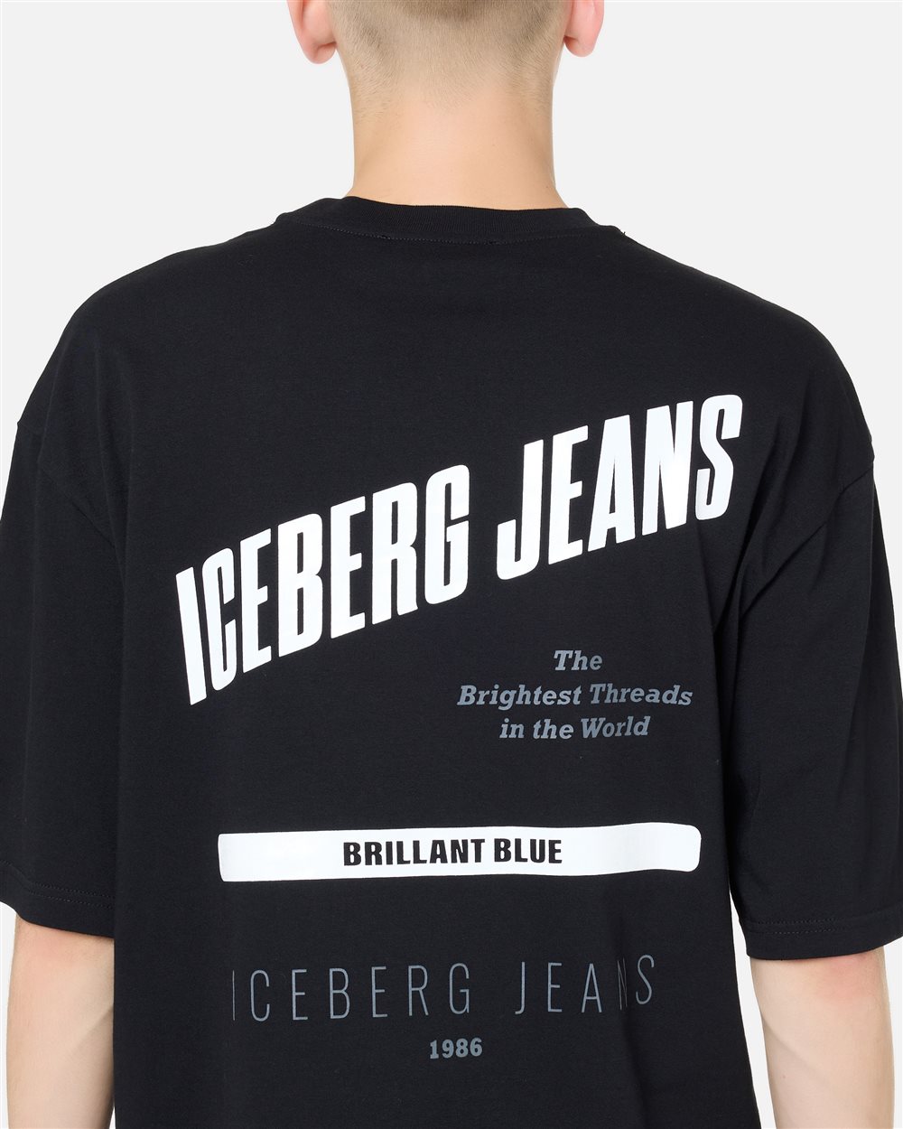 Relaxed Fit T-shirt in black cotton jersey with Brilliant Blue print - Iceberg - Official Website
