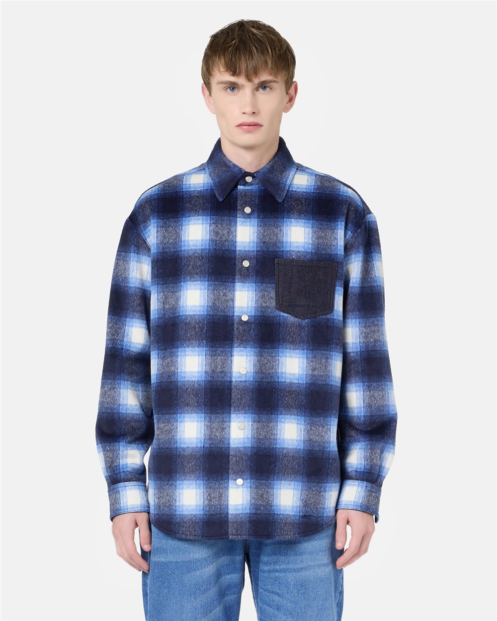 Blue check wool overshirt fit shirt with denim pocket and Iceberg logo - Iceberg - Official Website