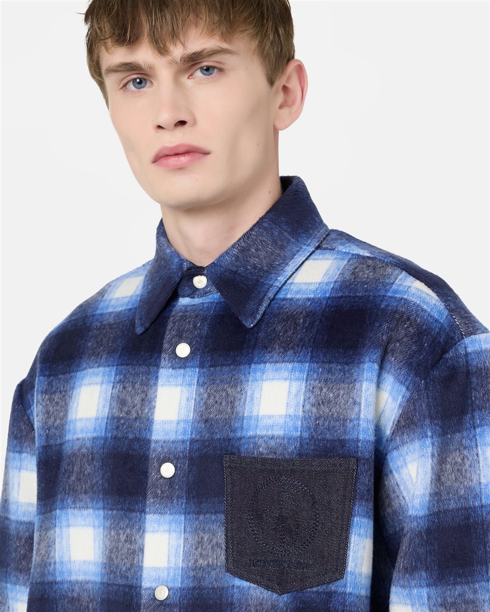 Blue check wool overshirt fit shirt with denim pocket and Iceberg logo - Iceberg - Official Website