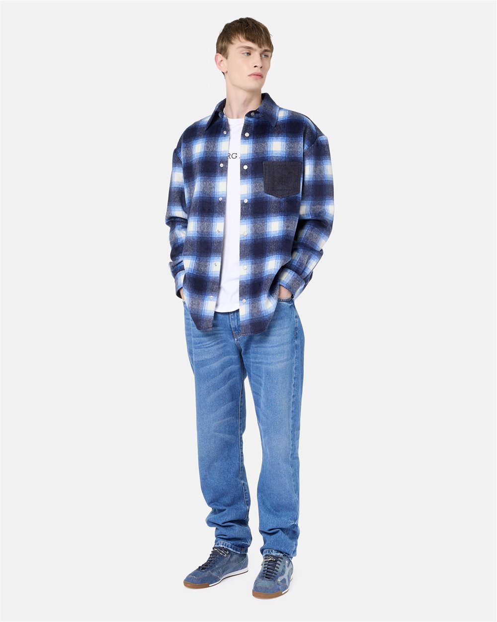 Blue check wool overshirt fit shirt with denim pocket and Iceberg logo - Iceberg - Official Website