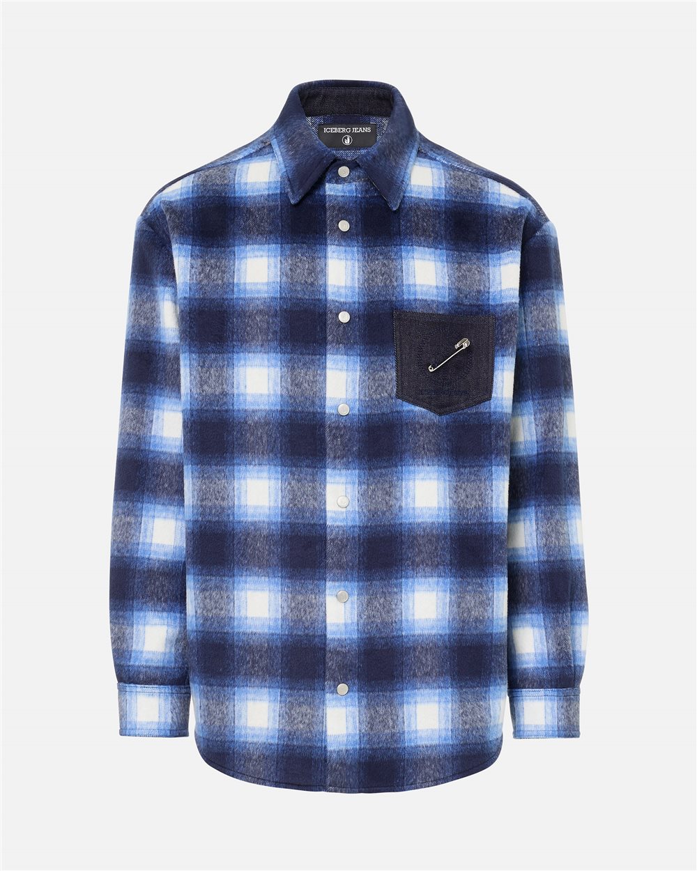 Blue check wool overshirt fit shirt with denim pocket and Iceberg logo - Iceberg - Official Website