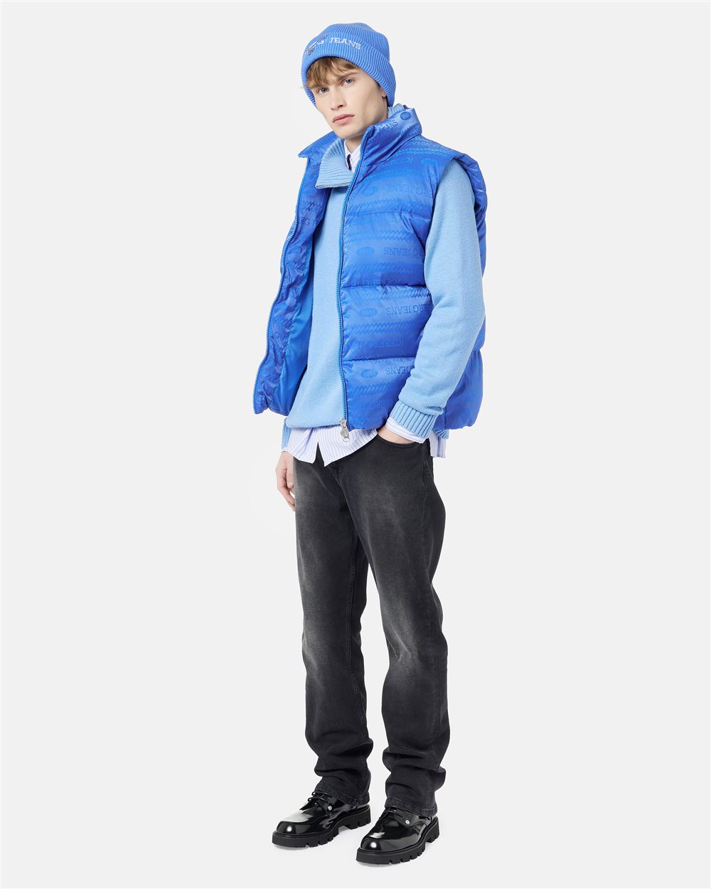 Blaue Nylonweste mit durchgehendem 1986-Jacquard-Iceberg-Logo - Iceberg - Official Website