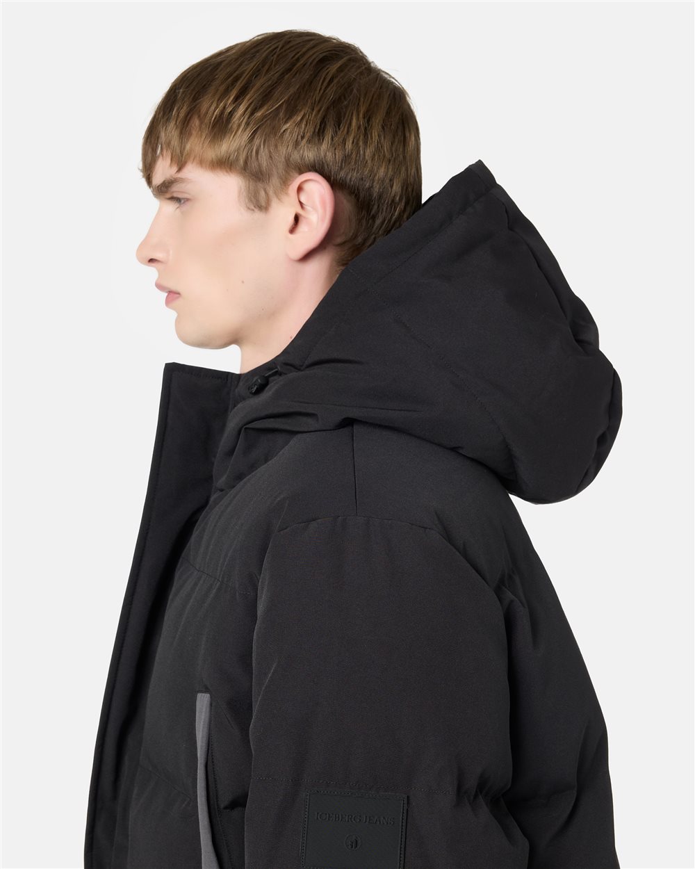 Black nylon midi-fit jacket with hood and Iceberg logo - Iceberg - Official Website