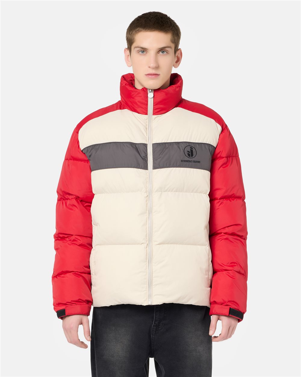 White nylon jacket with red and grey details and Iceberg logo - Iceberg - Official Website