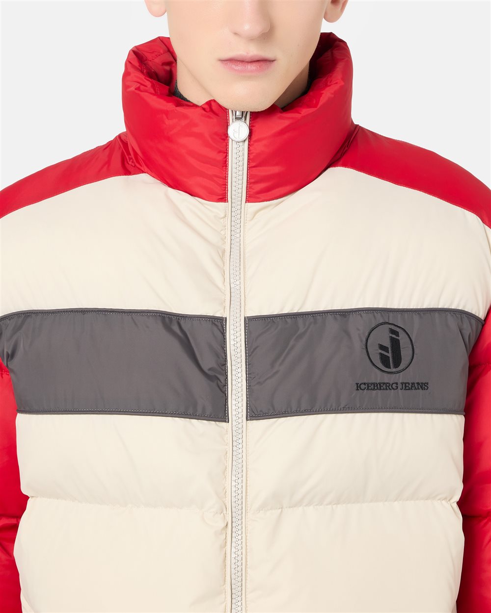 White nylon jacket with red and grey details and Iceberg logo - Iceberg - Official Website