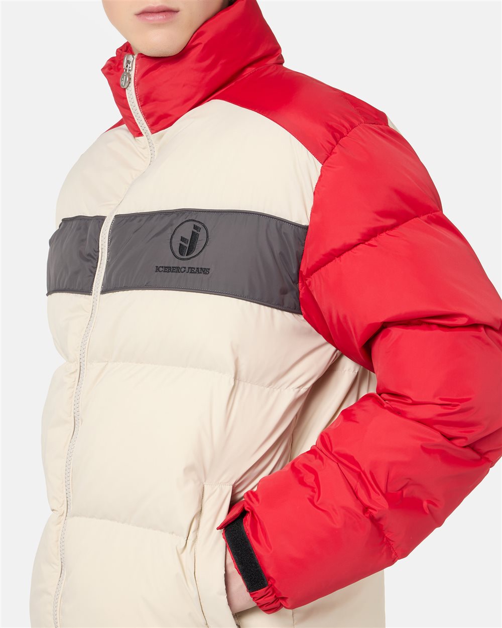 White nylon jacket with red and grey details and Iceberg logo - Iceberg - Official Website