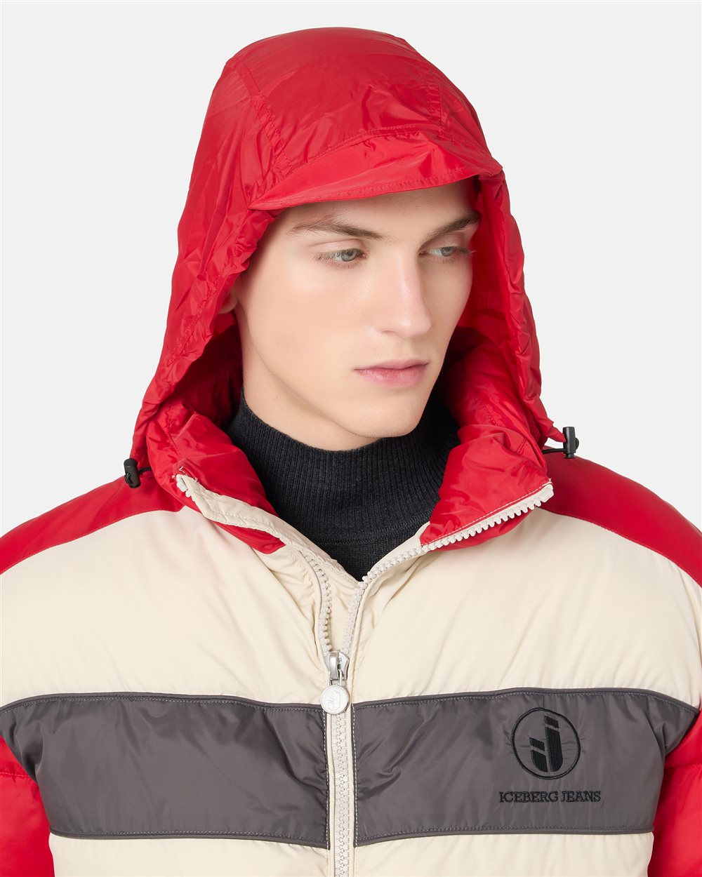 White nylon jacket with red and grey details and Iceberg logo - Iceberg - Official Website