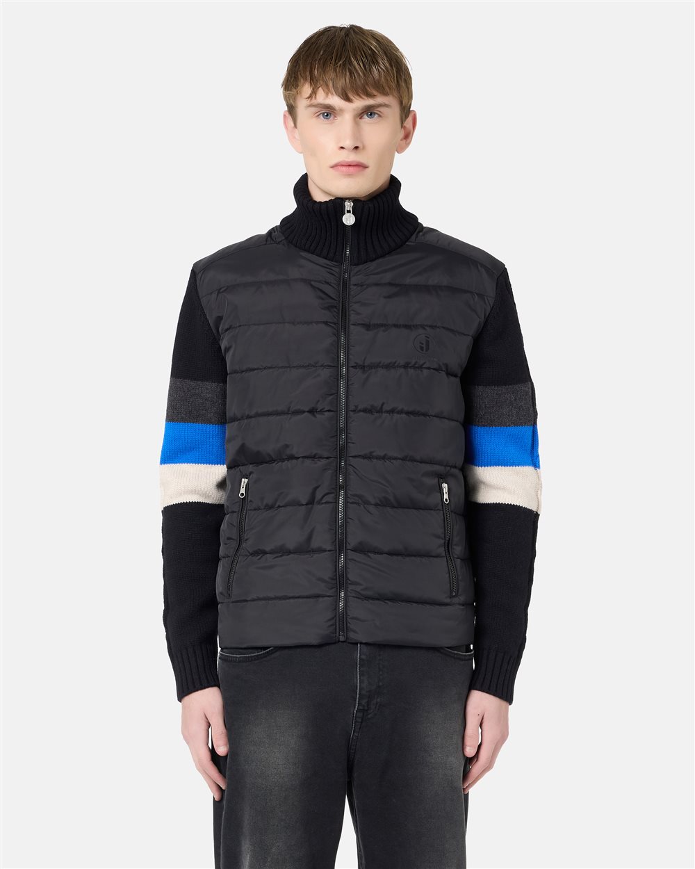 Bomber Fit Jacket Black and Blue in Nylon and Knit with Iceberg Logo - Iceberg - Official Website