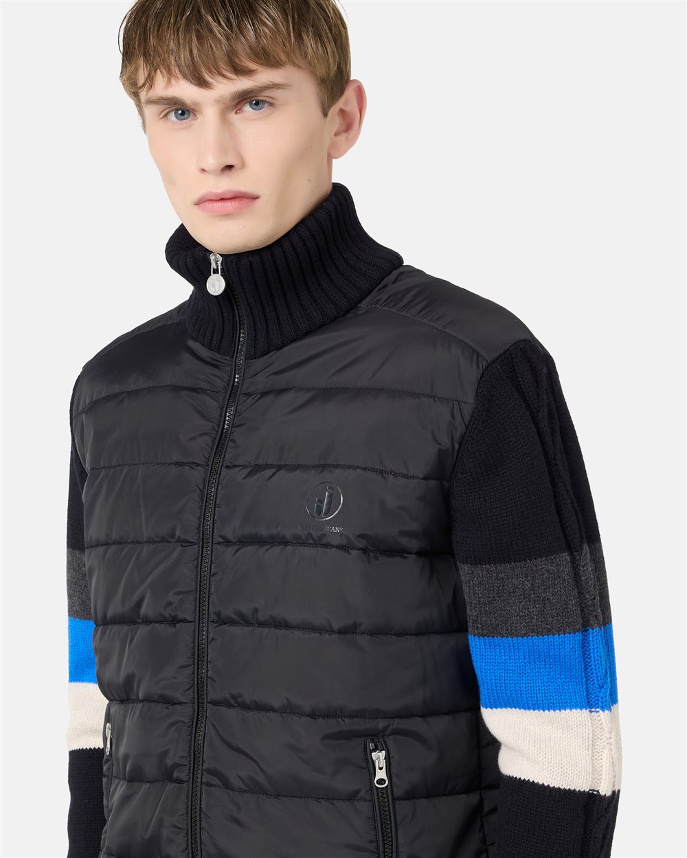Bomber Fit Jacket Black and Blue in Nylon and Knit with Iceberg Logo - Iceberg - Official Website