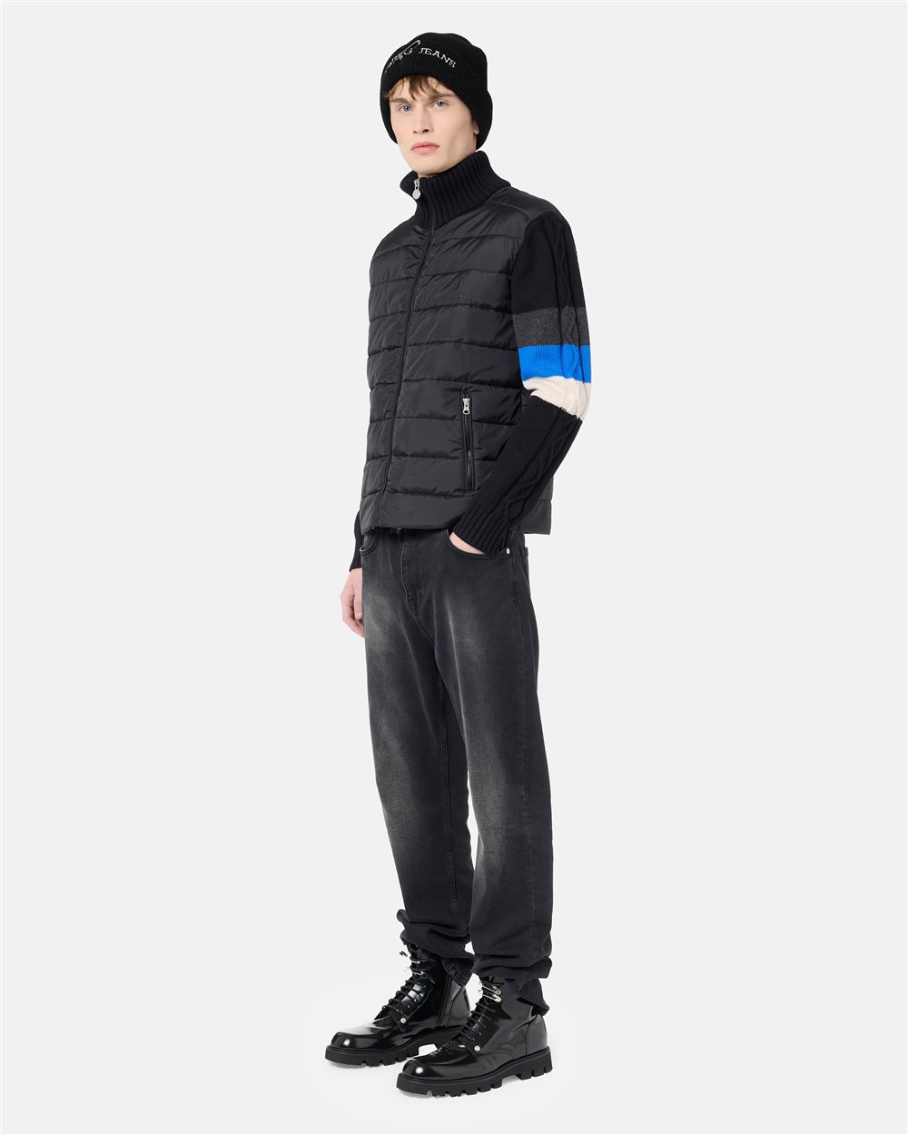 Bomber Fit Jacket Black and Blue in Nylon and Knit with Iceberg Logo - Iceberg - Official Website