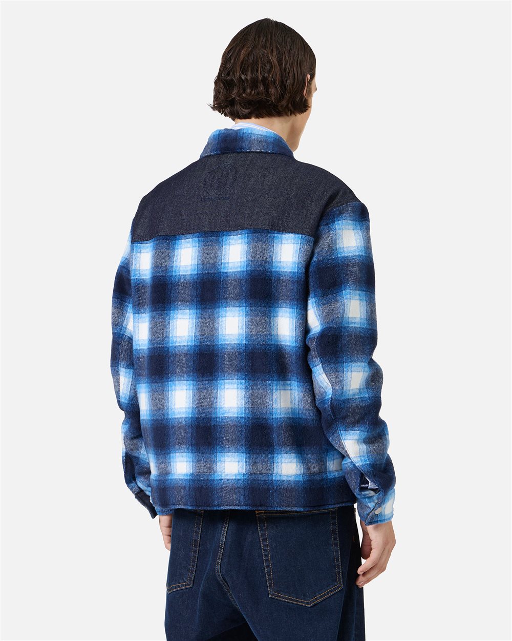 Coach-fit jacket in white and blue checked wool cloth with denim details and Iceberg logo - Iceberg - Official Website