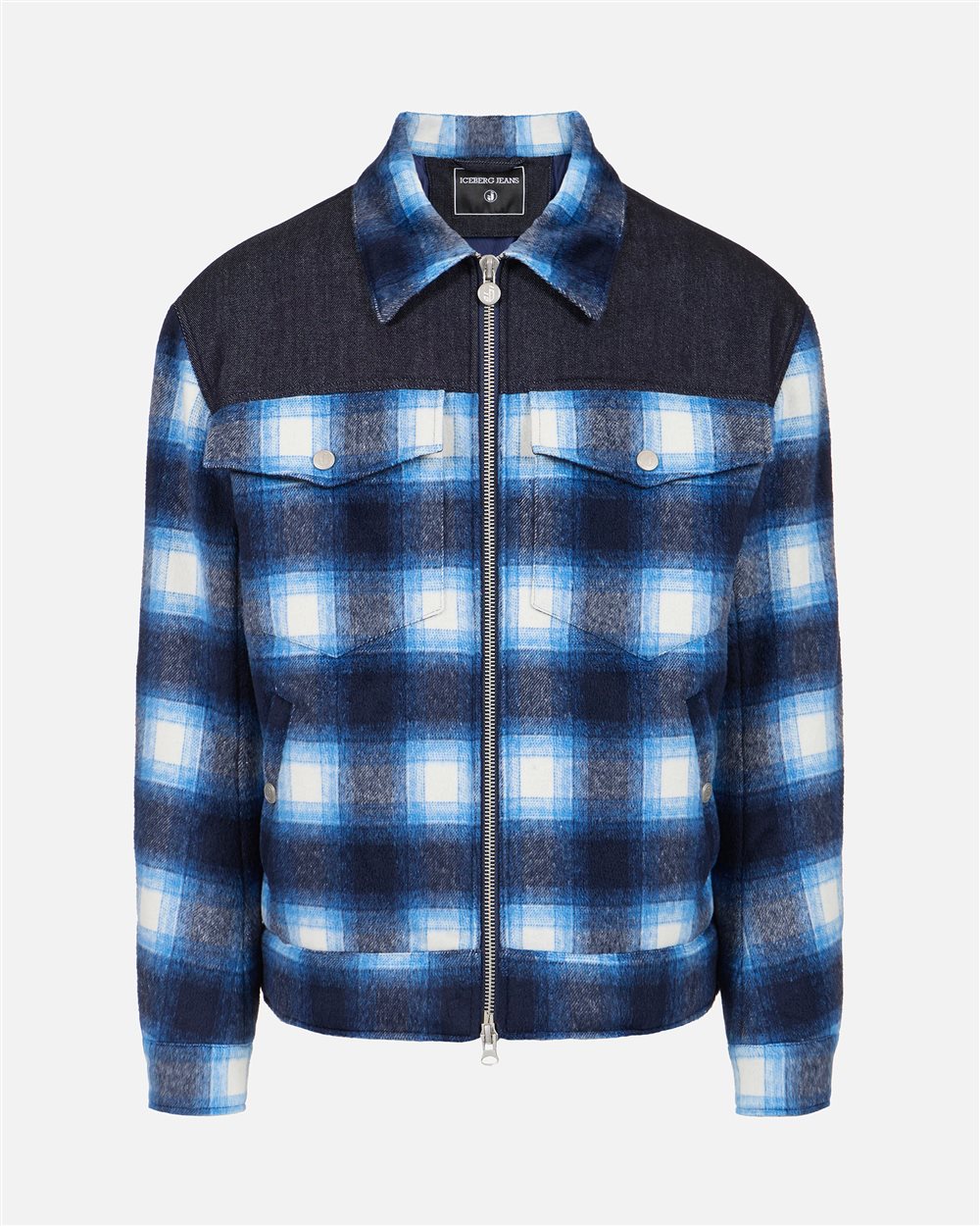 Coach-fit jacket in white and blue checked wool cloth with denim details and Iceberg logo - Iceberg - Official Website