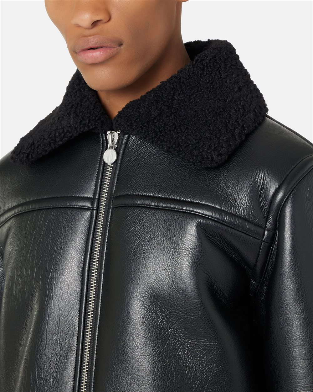 Aviator-fit jacket in black faux shearling with a curly fleece lining and Iceberg logo - Iceberg - Official Website
