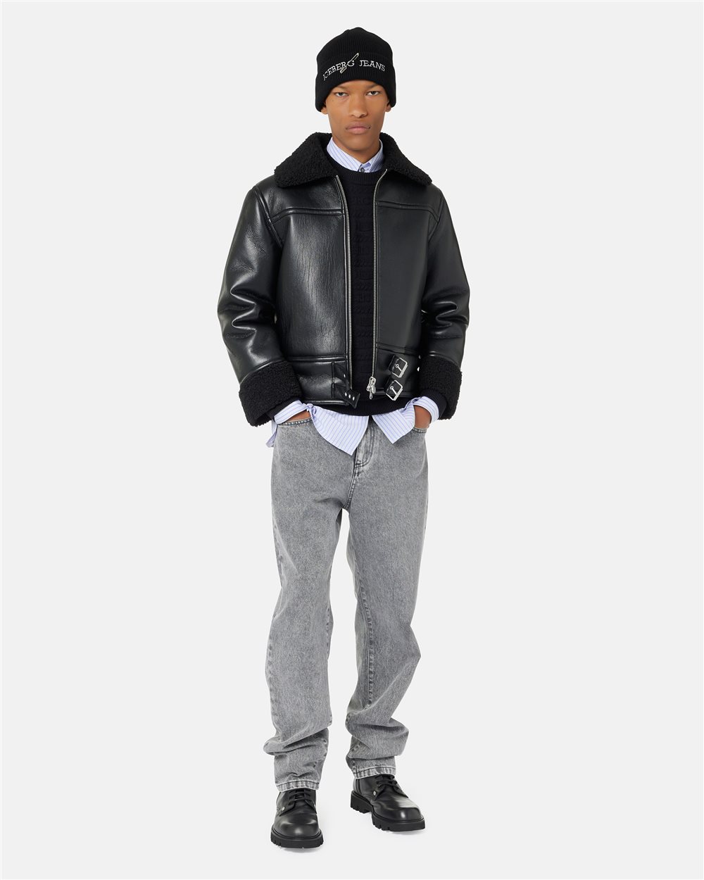 Aviator-fit jacket in black faux shearling with a curly fleece lining and Iceberg logo - Iceberg - Official Website