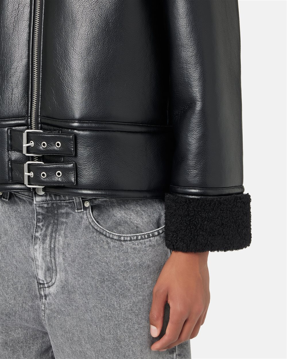 Aviator-fit jacket in black faux shearling with a curly fleece lining and Iceberg logo - Iceberg - Official Website