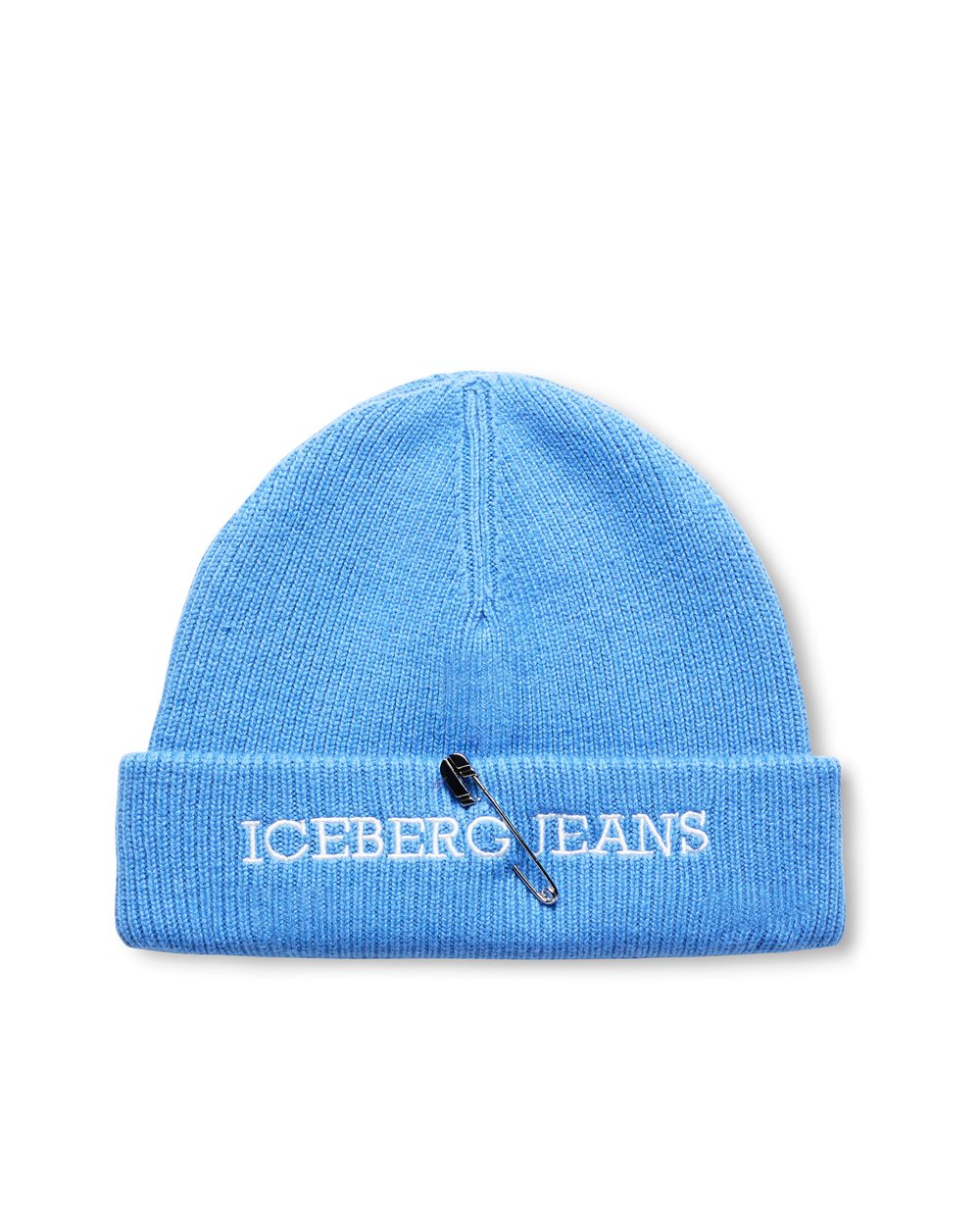 Blue wool-cashmere blend knit beanie with double cuff and Iceberg logo - Iceberg - Official Website