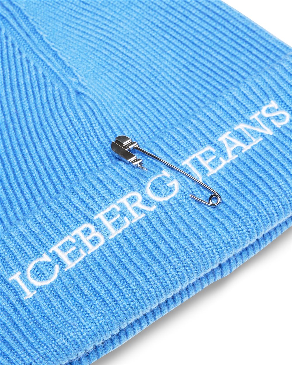 Blue wool-cashmere blend knit beanie with double cuff and Iceberg logo - Iceberg - Official Website
