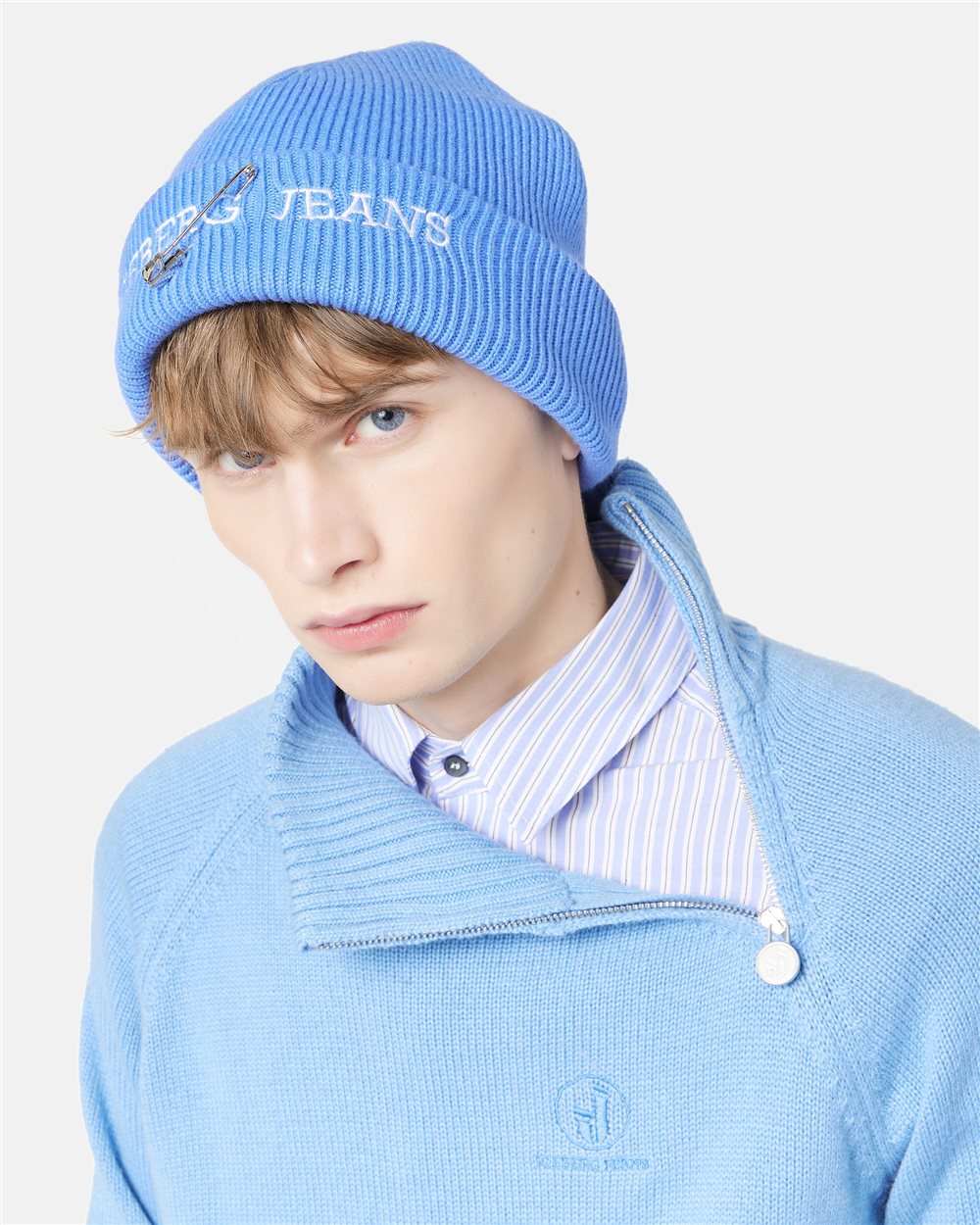 Blue wool-cashmere blend knit beanie with double cuff and Iceberg logo - Iceberg - Official Website