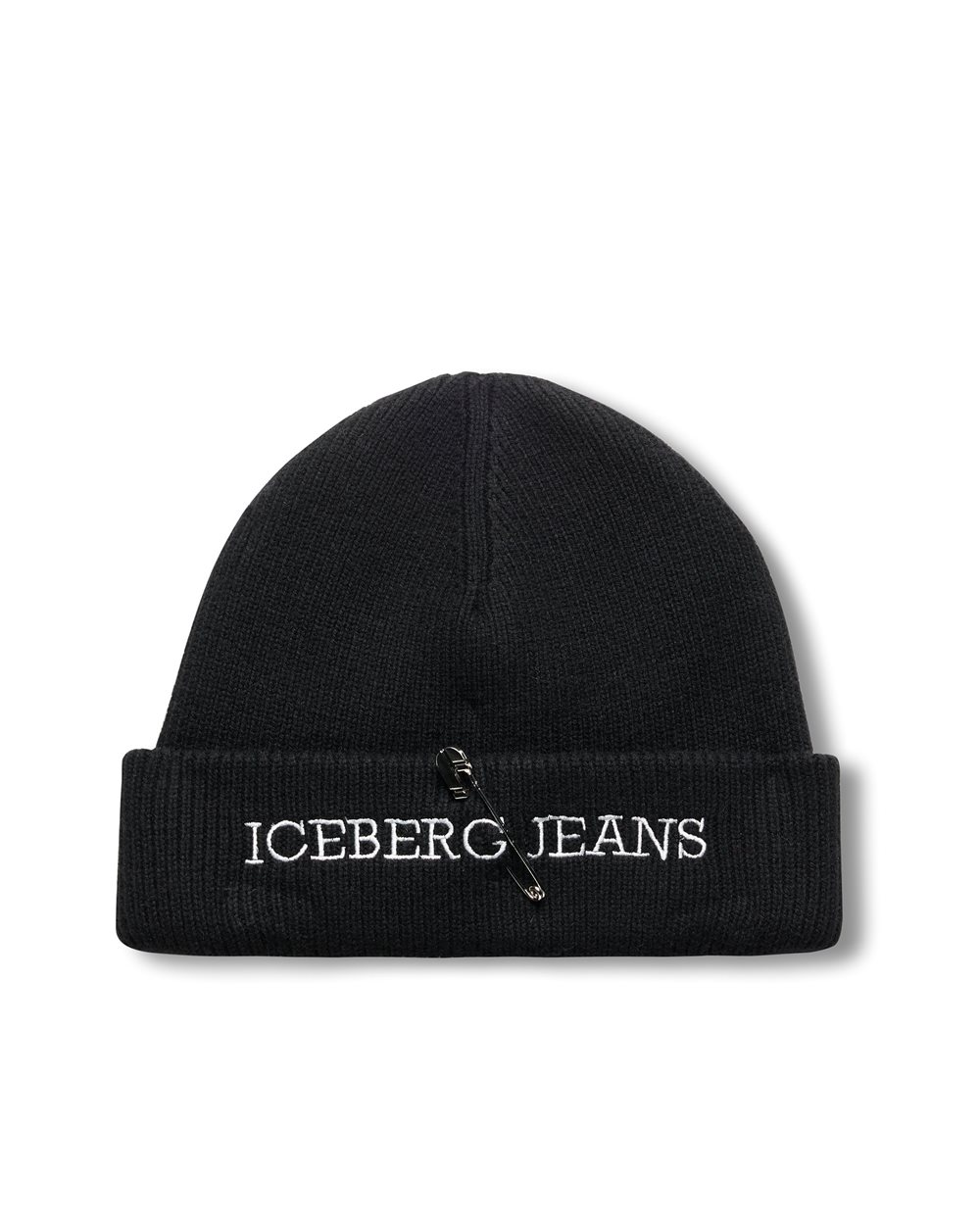 Black wool and cashmere blend knit beanie with double cuff and Iceberg logo - Iceberg - Official Website