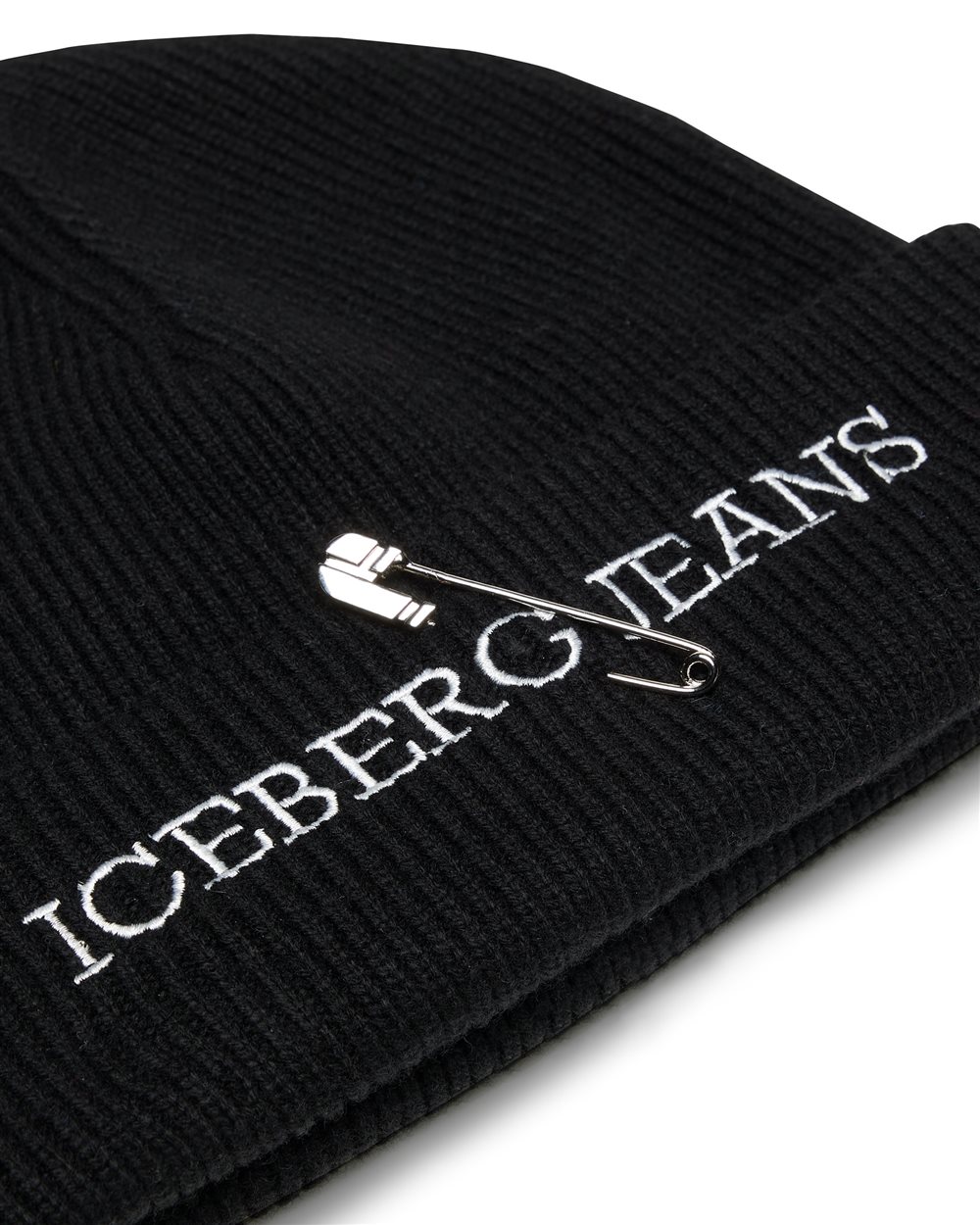 Black wool and cashmere blend knit beanie with double cuff and Iceberg logo - Iceberg - Official Website