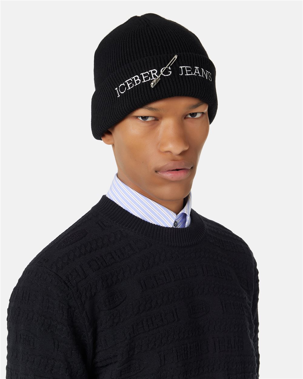 Black wool and cashmere blend knit beanie with double cuff and Iceberg logo - Iceberg - Official Website