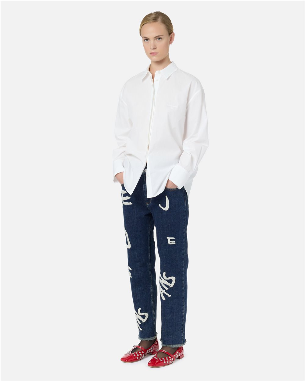 5-pocket straight cropped fit trousers in blue stretch denim with vintage logo embroidery - Iceberg - Official Website