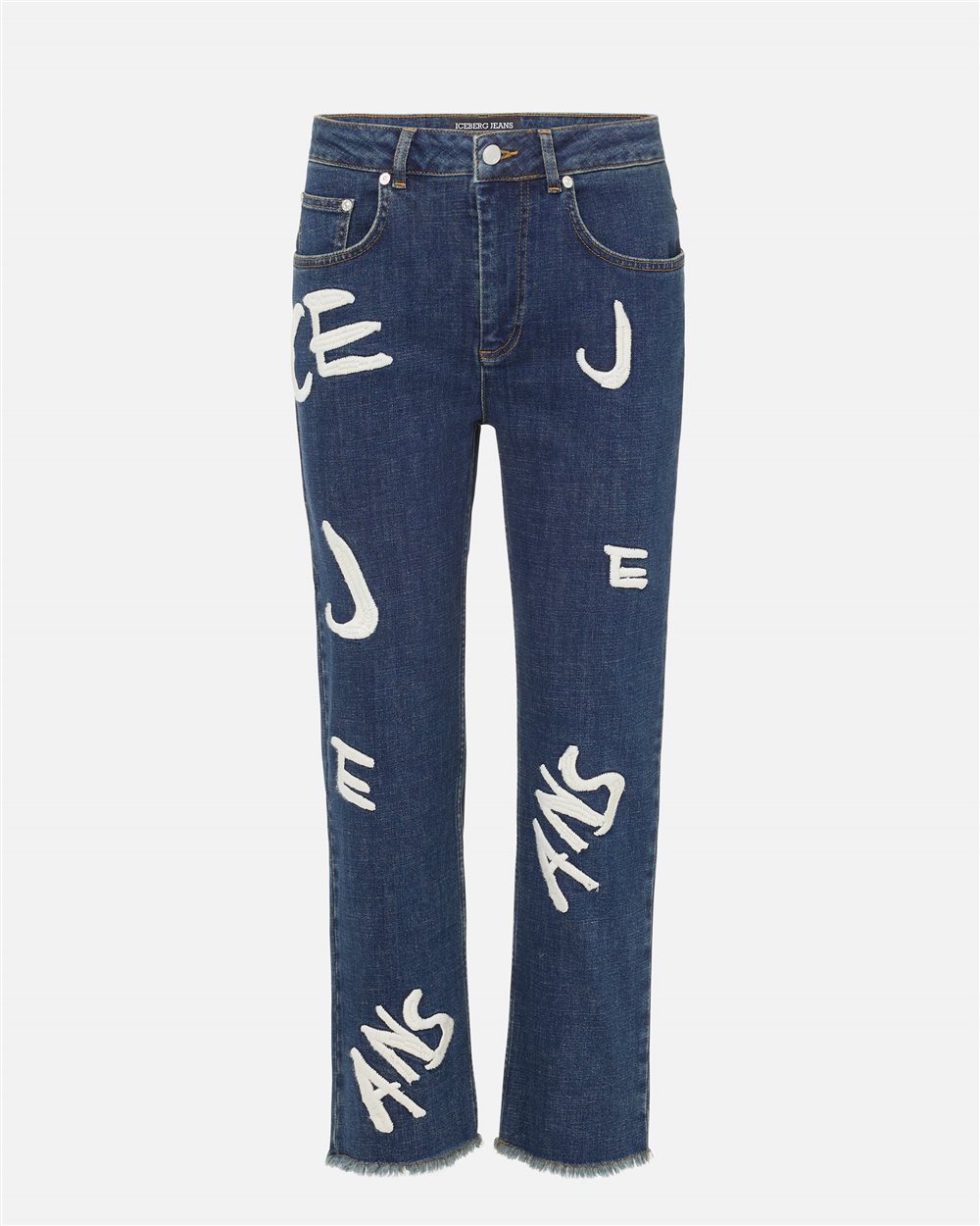 5-pocket straight cropped fit trousers in blue stretch denim with vintage logo embroidery - Iceberg - Official Website