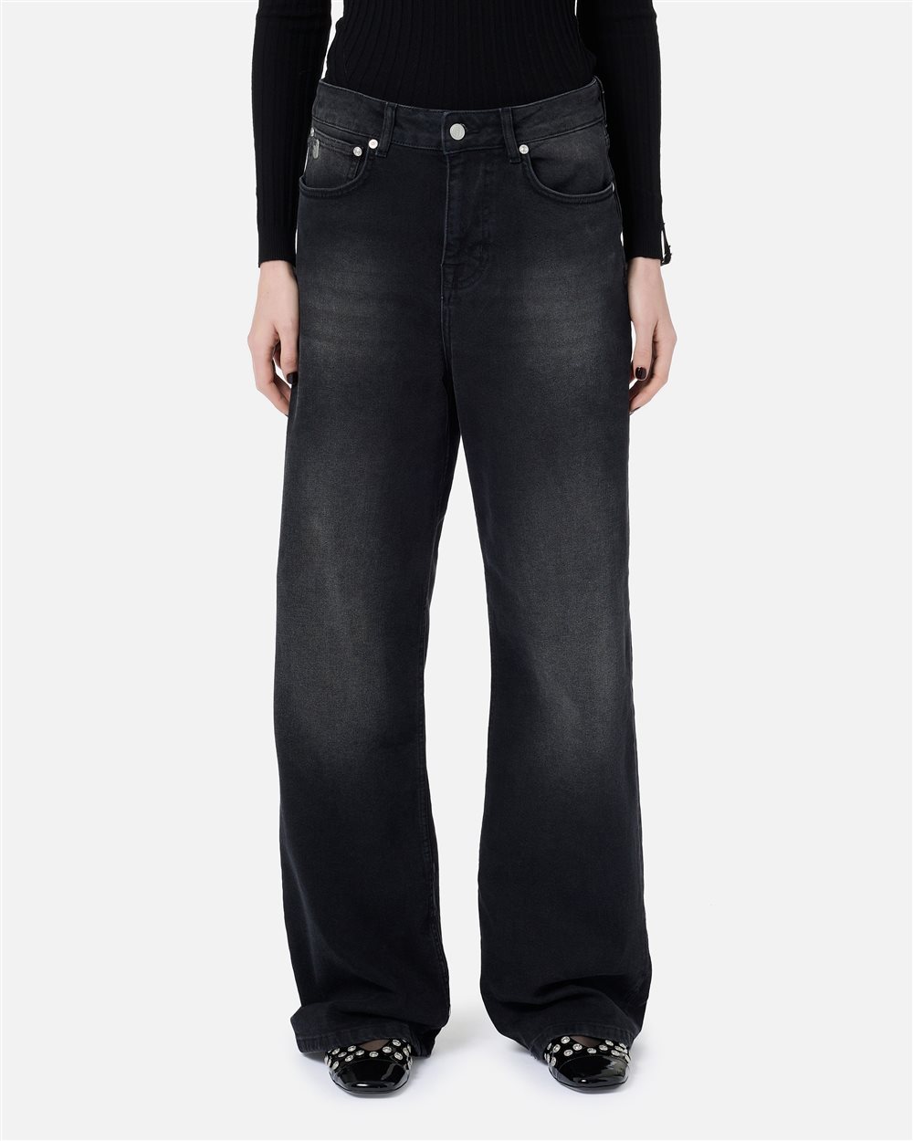 Black stretch denim boyfriend pants with Iceberg logo details - Iceberg - Official Website
