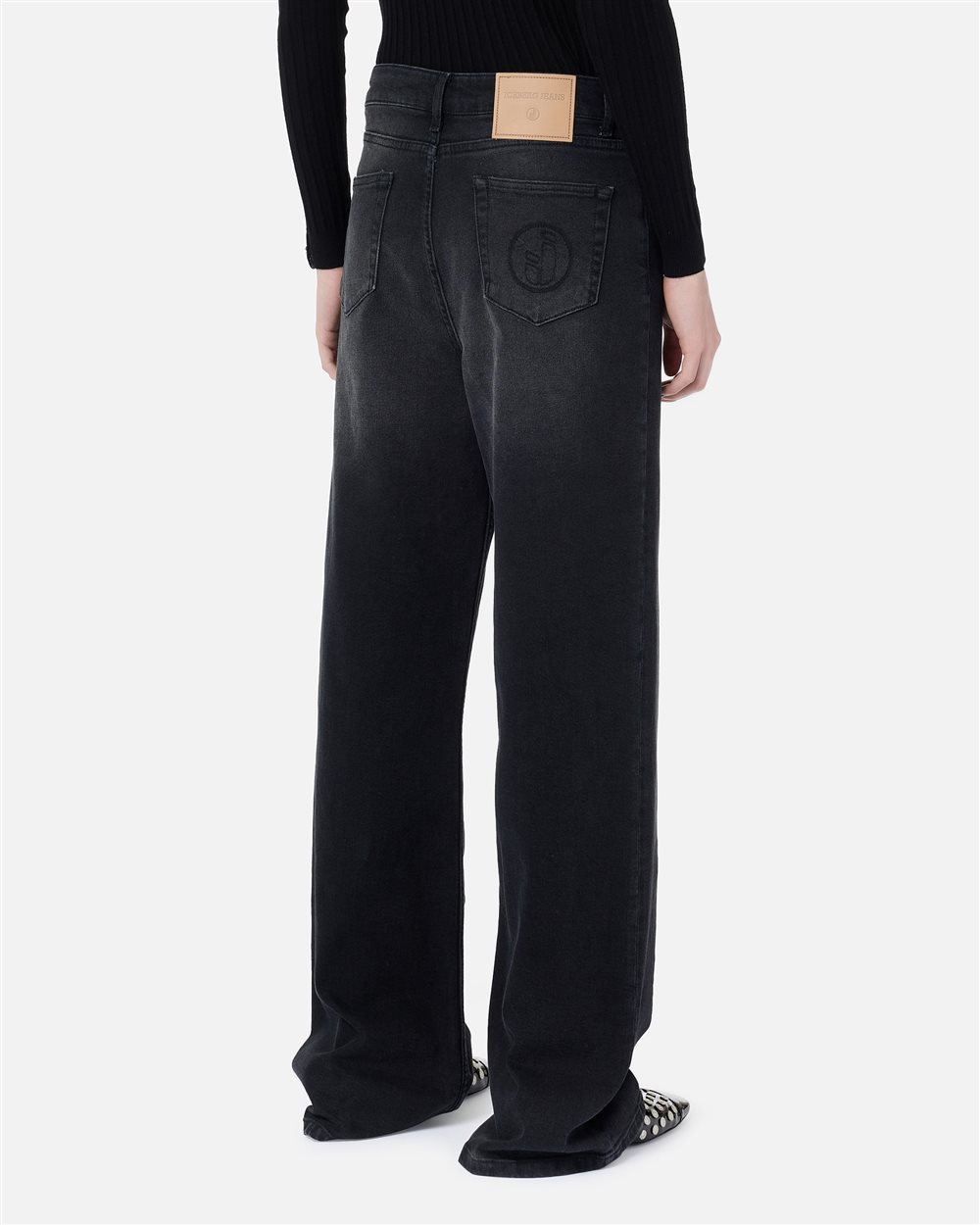 Black stretch denim boyfriend pants with Iceberg logo details - Iceberg - Official Website