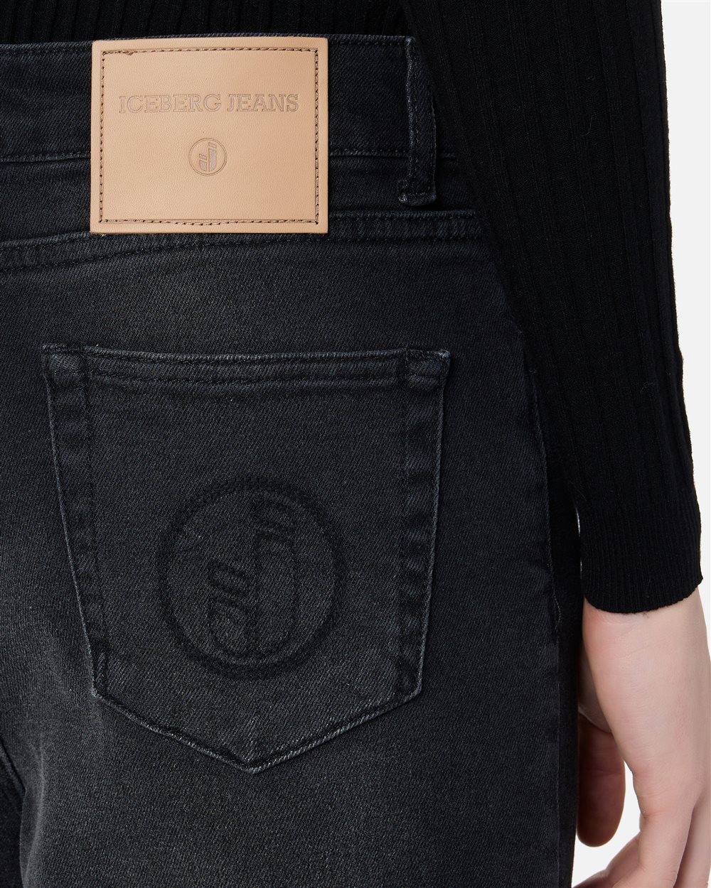 Black stretch denim boyfriend pants with Iceberg logo details - Iceberg - Official Website