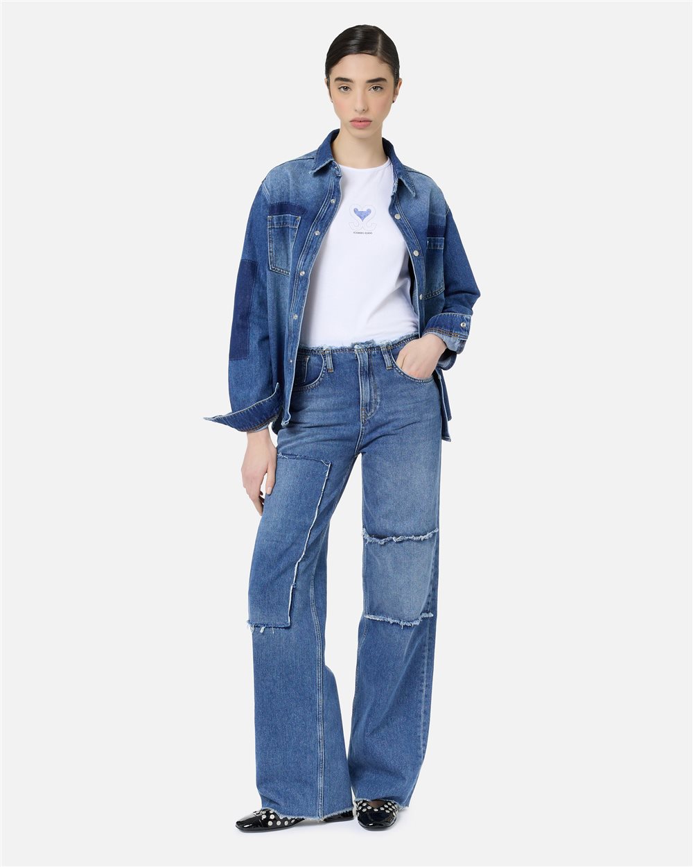 Straight-fit indigo denim trousers with raw details and Iceberg logo - Iceberg - Official Website