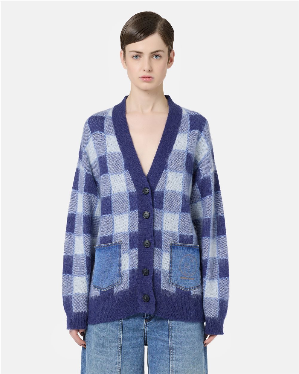 Relaxed-fit cardigan in blue and white checked mohair wool with denim pockets and Iceberg logo - Iceberg - Official Website