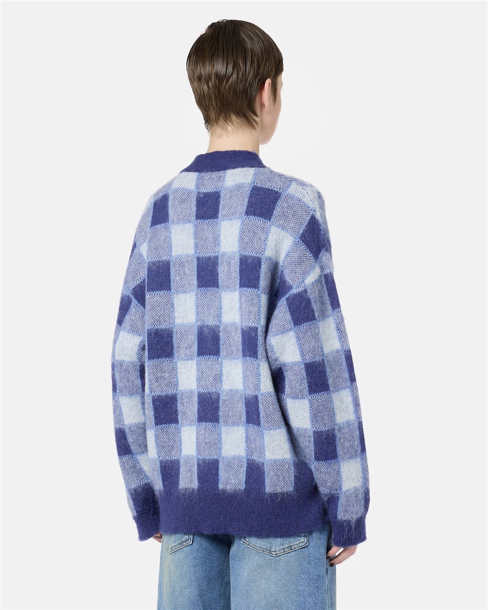 Relaxed-fit cardigan in blue and white checked mohair wool with denim pockets and Iceberg logo - Iceberg - Official Website
