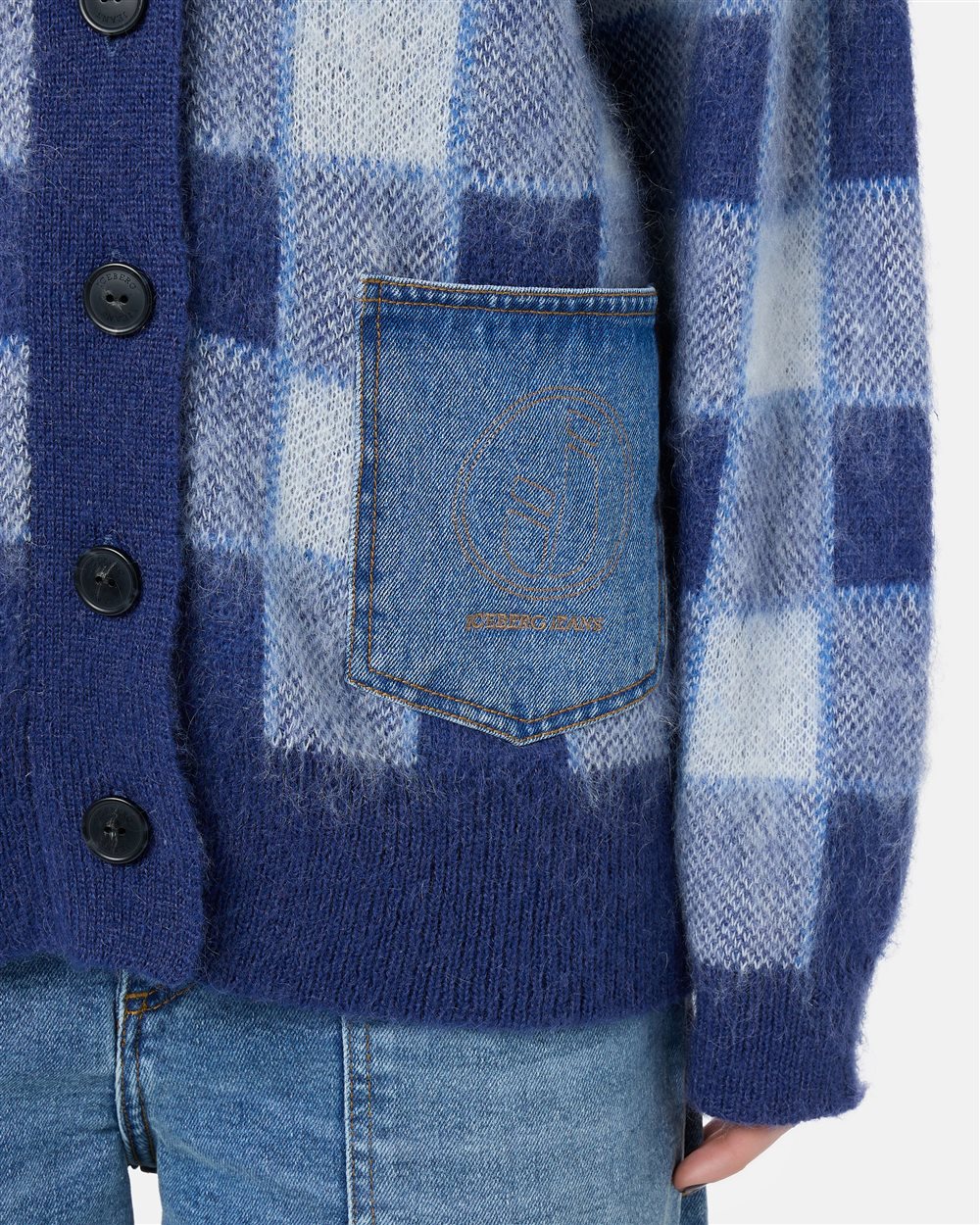 Relaxed-fit cardigan in blue and white checked mohair wool with denim pockets and Iceberg logo - Iceberg - Official Website