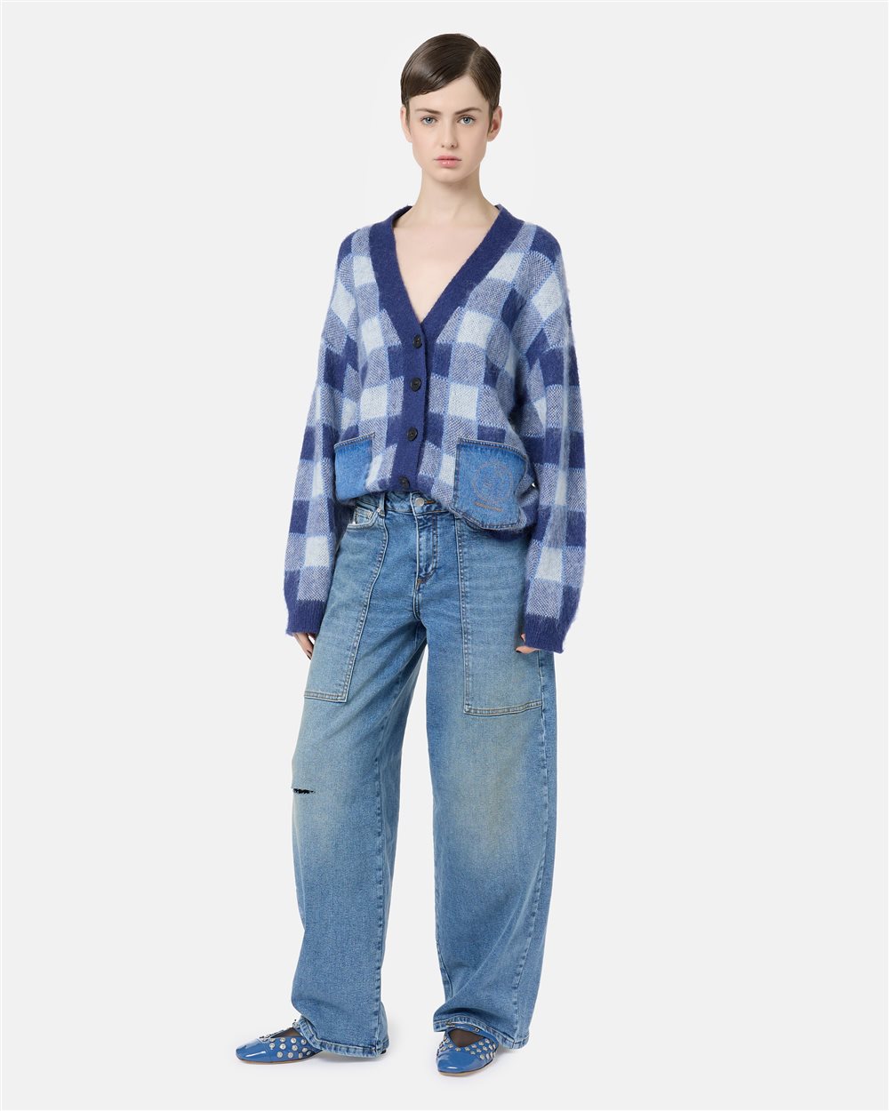 Relaxed-fit cardigan in blue and white checked mohair wool with denim pockets and Iceberg logo - Iceberg - Official Website