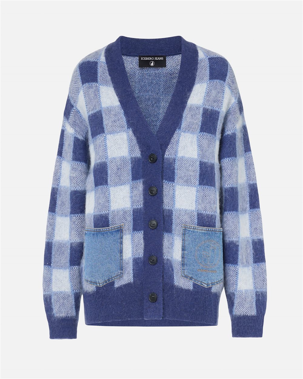 Relaxed-fit cardigan in blue and white checked mohair wool with denim pockets and Iceberg logo - Iceberg - Official Website