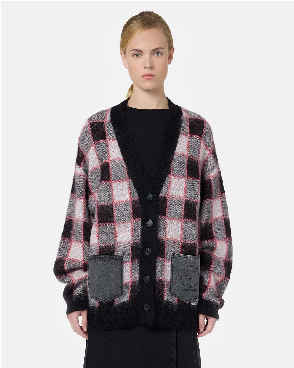 Relaxed-fit red and black checked mohair wool cardigan with denim pockets and Iceberg logo - Iceberg - Official Website