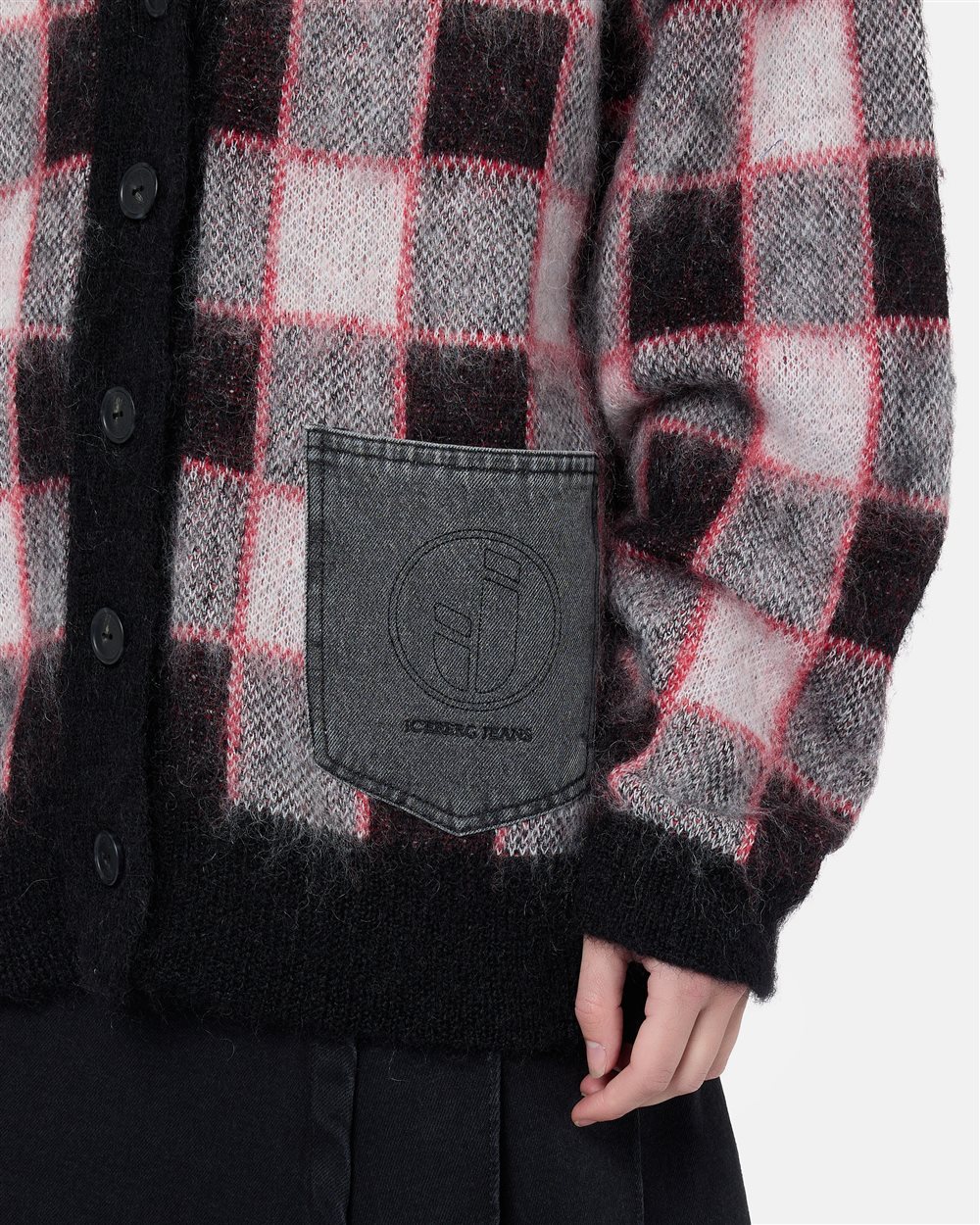 Relaxed-fit red and black checked mohair wool cardigan with denim pockets and Iceberg logo - Iceberg - Official Website
