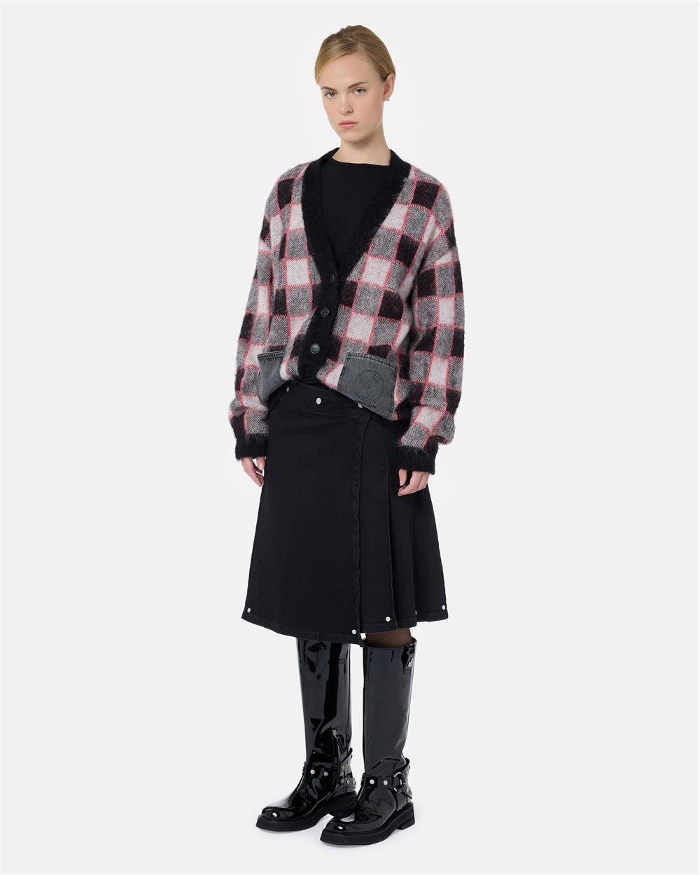 Relaxed-fit red and black checked mohair wool cardigan with denim pockets and Iceberg logo - Iceberg - Official Website