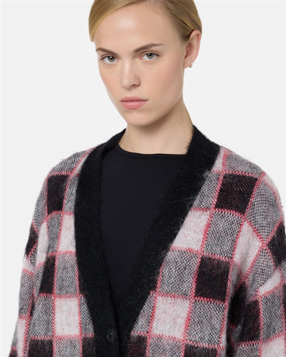 Relaxed-fit red and black checked mohair wool cardigan with denim pockets and Iceberg logo - Iceberg - Official Website