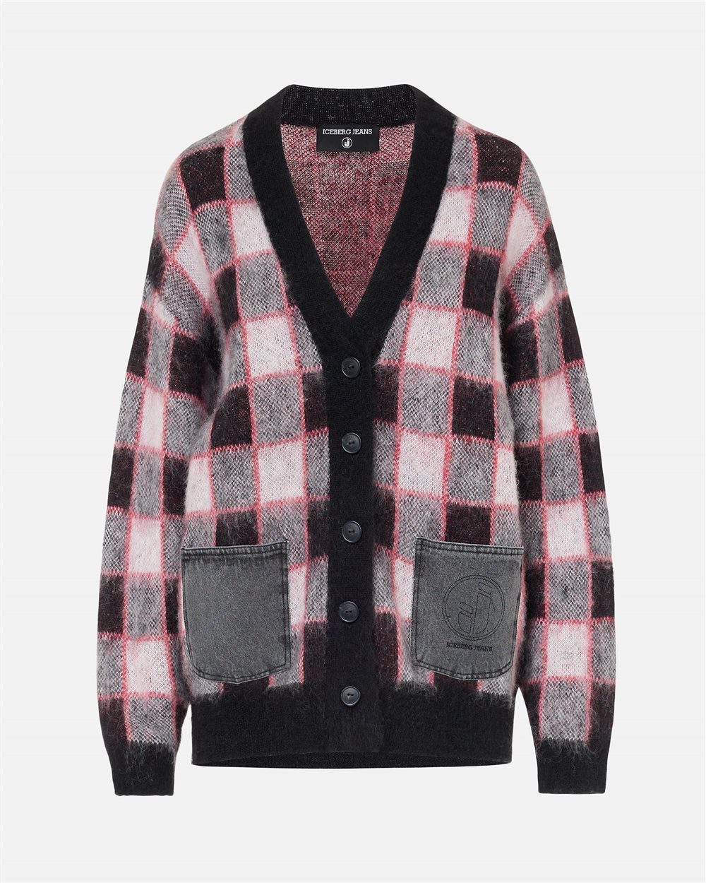 Relaxed-fit red and black checked mohair wool cardigan with denim pockets and Iceberg logo - Iceberg - Official Website