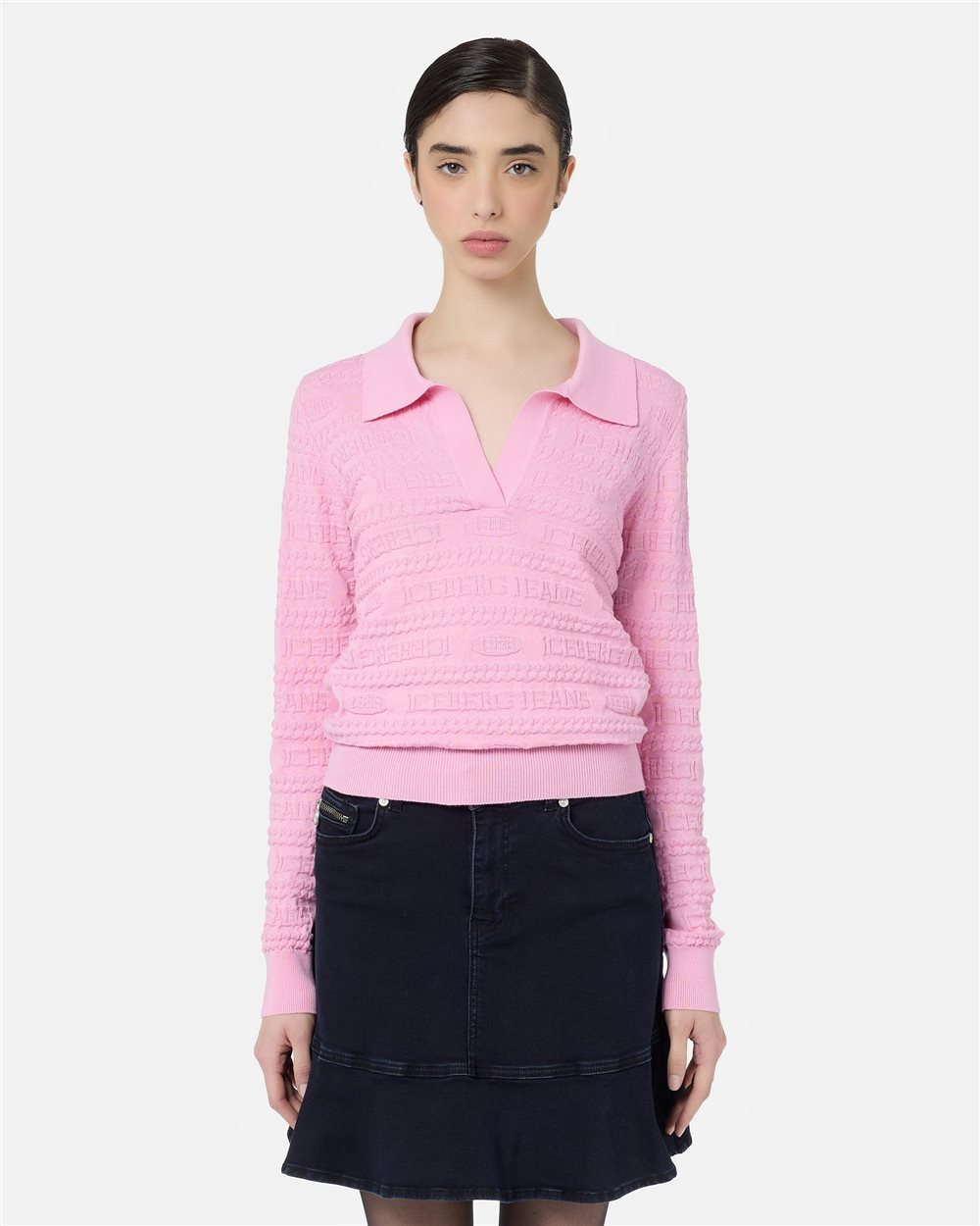 Pinkes Poloshirt in schmaler Passform aus Woll-Baumwollgemisch mit Jacquardmuster und durchgehendem - Iceberg - Official Website