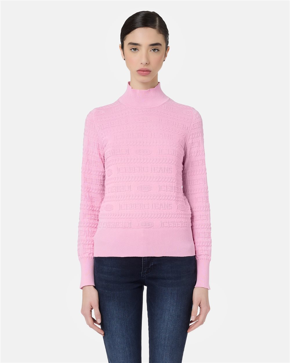 Pinker Rollkragenpullover aus Woll-Baumwollgemisch mit Jacquardmuster und Iceberg 1986-Logo - Iceberg - Official Website