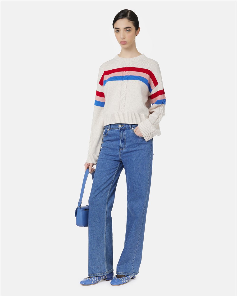 Maglia girocollo boxy fit avorio con fascia a righe colorate e logo Iceberg - Iceberg - Official Website