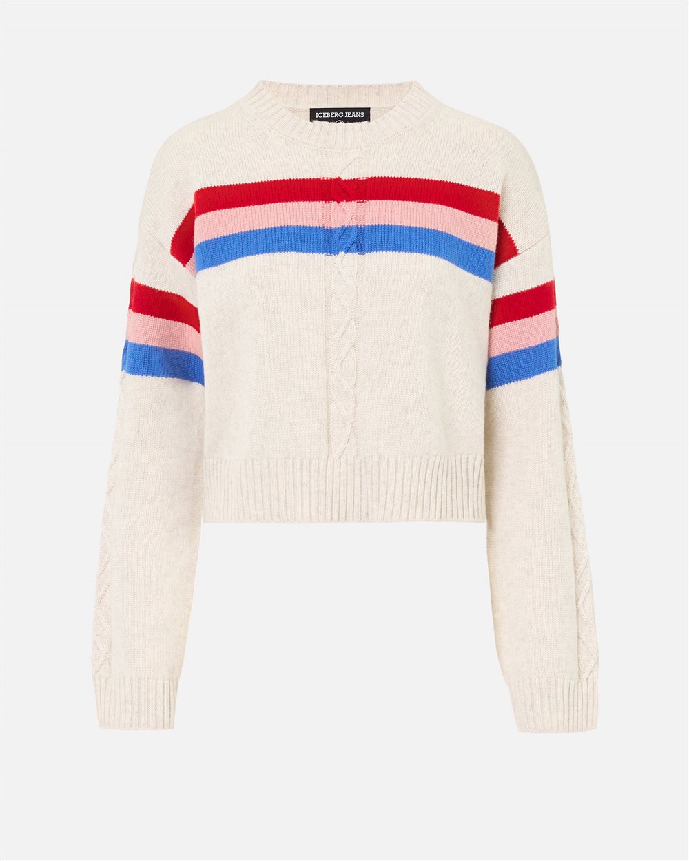 Maglia girocollo boxy fit avorio con fascia a righe colorate e logo Iceberg - Iceberg - Official Website