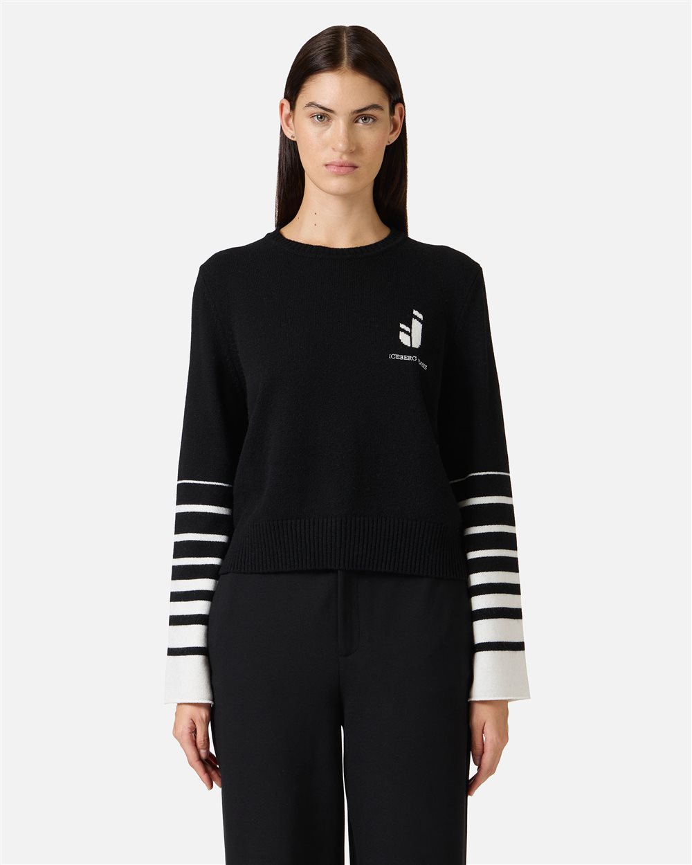 Black Boxy Fit Crewneck Sweater with Iceberg Logo - Iceberg - Official Website