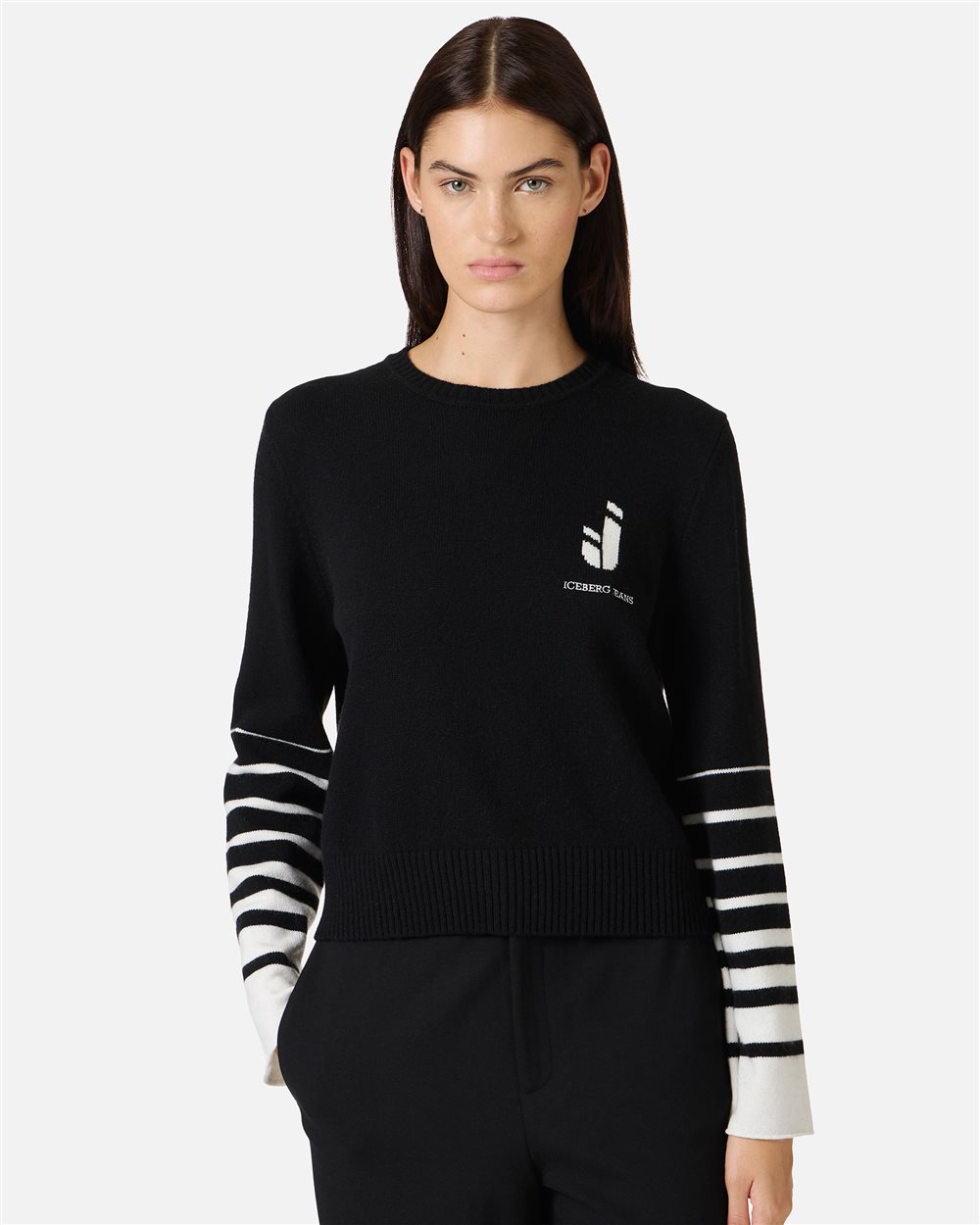Black Boxy Fit Crewneck Sweater with Iceberg Logo - Iceberg - Official Website