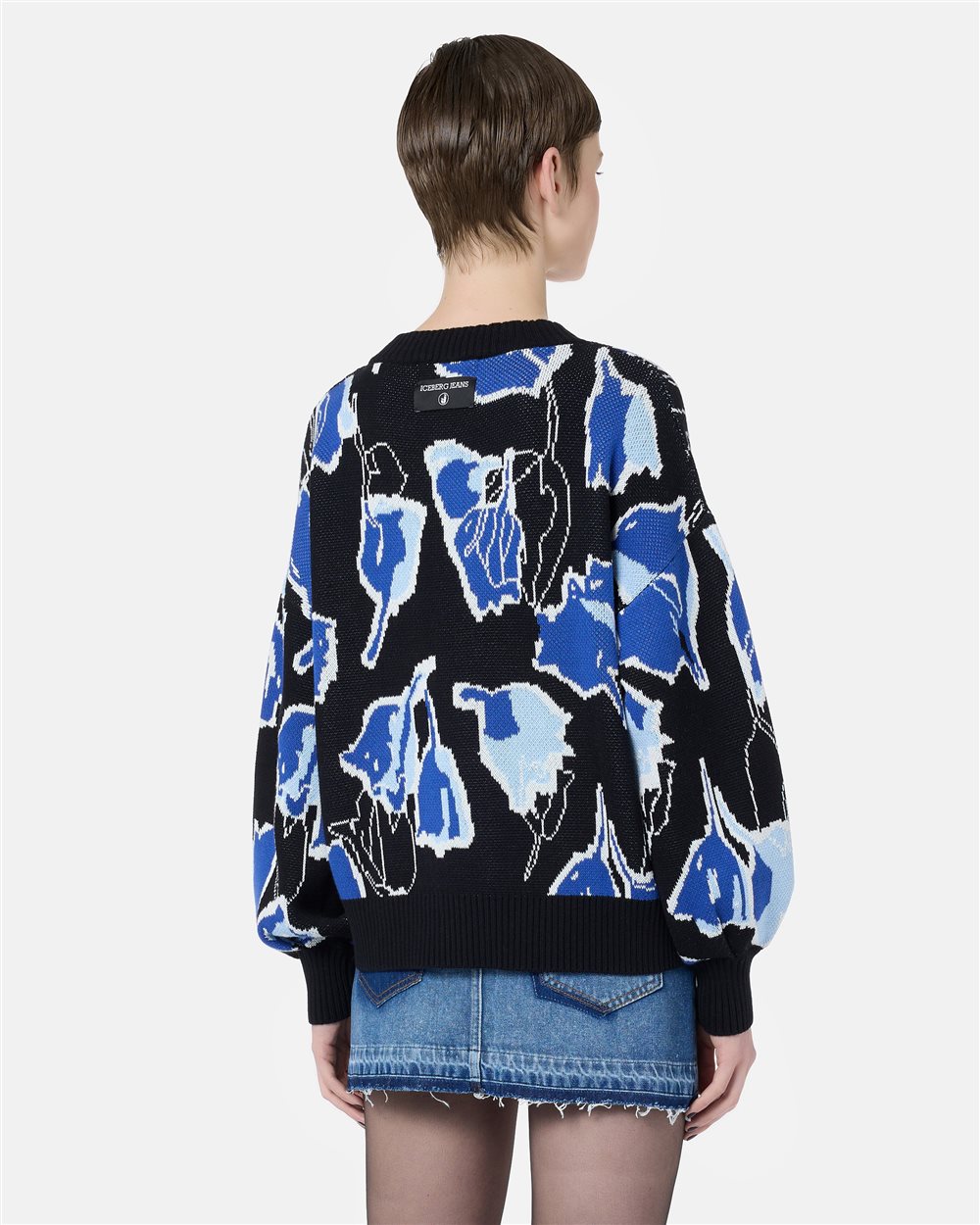 Boxy Fit Crewneck Sweater Black and Blue Pattern with Tulip Motif - Iceberg - Official Website